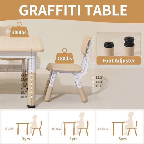 Hulaibit Toddler Table & Chairs Set with Graffiti Desktop - Height-Adjustable Kids Study Furniture, Burlywood Wood Grain