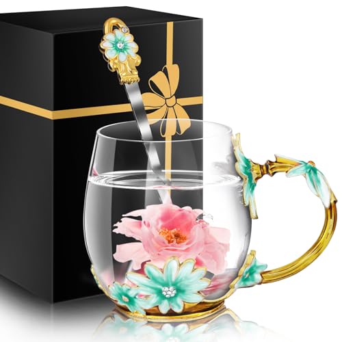 MNZZ Tall-Teal Women Glass Tea Cup Set with Spoon – 3D Butterfly Design Gift