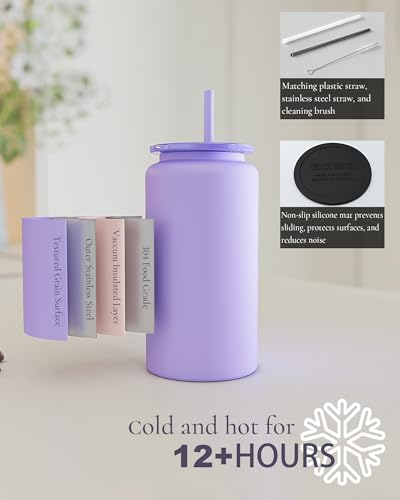 16 oz Insulated Stainless Steel Tumbler with Straw, Matte Brown Coffee Cup