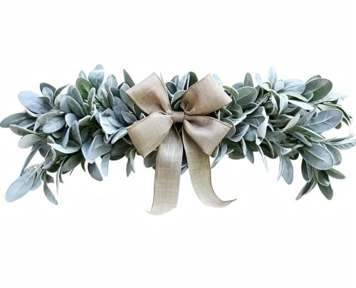 24-Inch Artificial Lambs Ear Swag with Burlap Bow, Farmhouse Door Topper