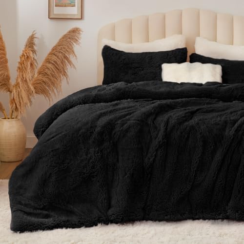 BEDELITE Black Faux Fur Comforter Set Queen - Fluffy Warm Cozy Bedding