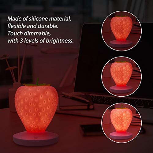 Cute Strawberry Silicone Night Light, USB Rechargeable LED Bedside Lamp