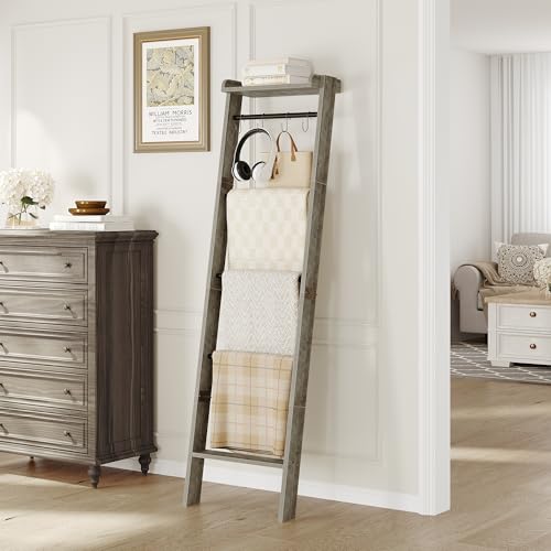 6-Tier Blanket Ladder Shelf, Rustic Farmhouse Quilt Rack with Hooks