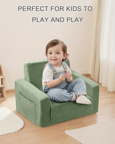 2-in-1 Fold-Out Kids Sofa Chair - Cozy Corduroy Convertible Couch, Green