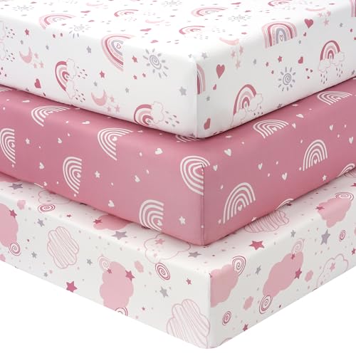 Soft Fitted Baby Crib Sheets 3-Pack for Standard Mattress, 52x28 Inch Pink