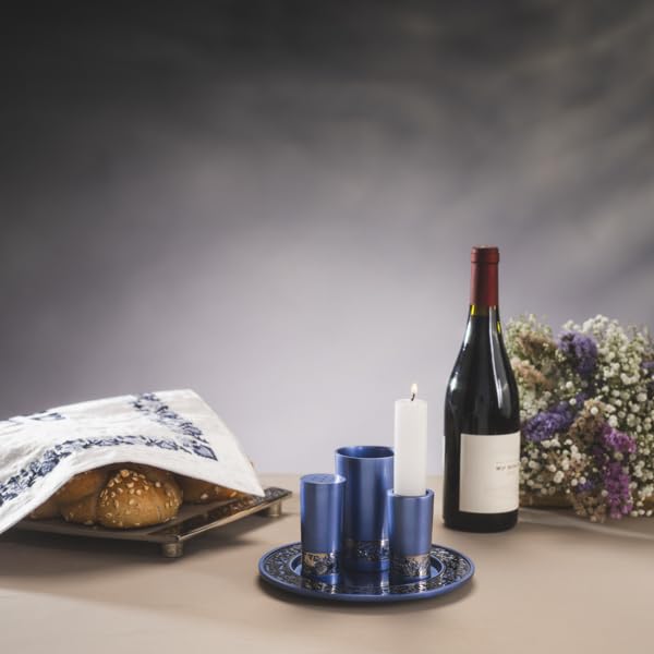 4-Piece Blue Anodized Aluminum Havdalah Set with Filigree Accents