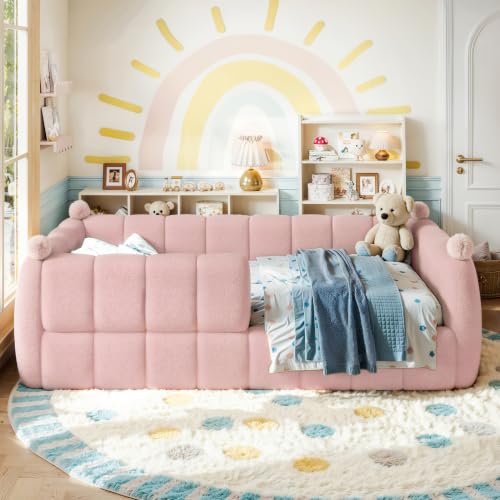 Twin Size Upholstered Montessori Floor Bed with Safety Rails, Pink