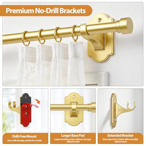 No-Drill Gold Curtain Rod - Adjustable 32 to 58 Inch Window Drapery Rod
