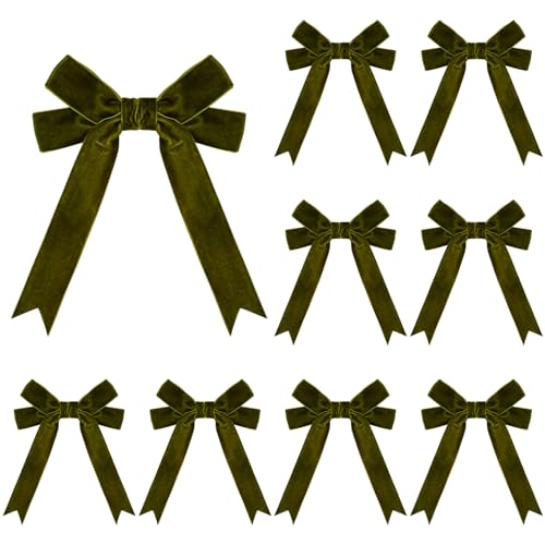 Olive Green Velvet Ribbon Bow 10 pcs 5x6.5 in for Gift Wrapping, Wreaths & Decor