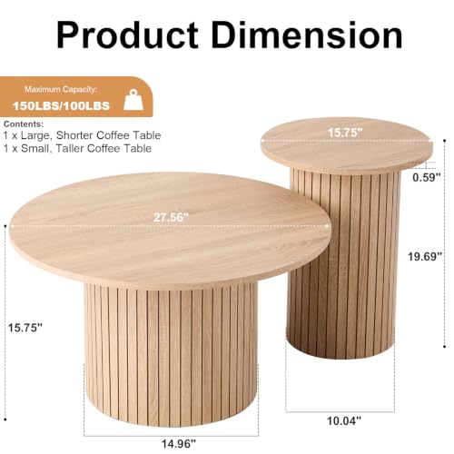 Set of 2 Round Nesting Coffee Tables with Fluted Drum Base, Wood Grain
