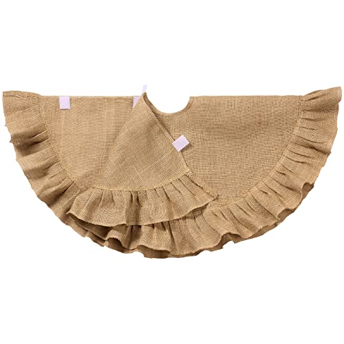 Rustic Burlap Christmas Tree Skirt with Ruffled Edge - 19.7 Inch Linen Base Cover