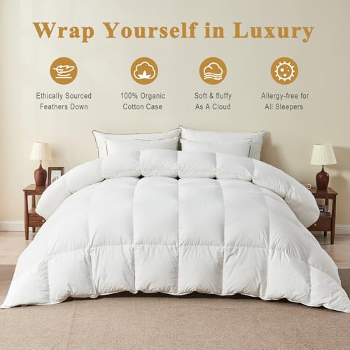 Organic Cotton Feather Down Comforter - King Size All Season Duvet Insert