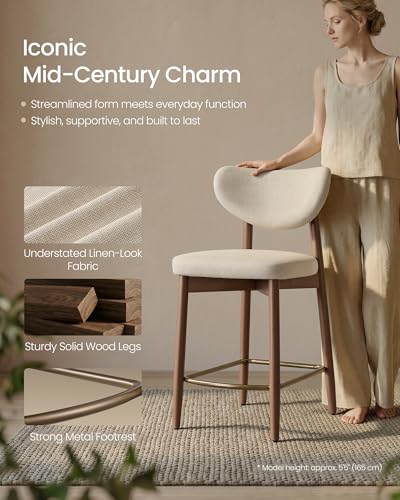 Set of 2 Upholstered Counter Height Bar Stools, Mid-Century Modern Fabric