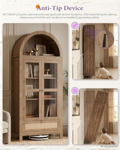 71-Inch Arched Pantry Cabinet with Glass Door and Storage Drawer