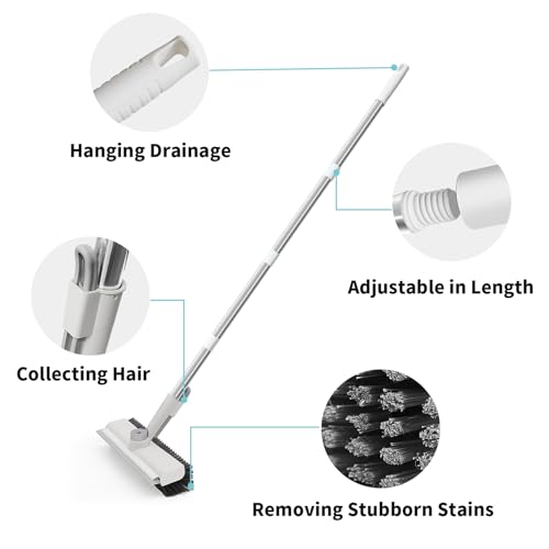 3-in-1 Floor Scrub Brush with Extendable Long Handle & Rubber Squeegee