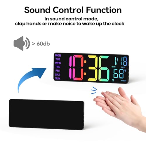 YISILE 13-Inch Black Digital Wall Clock with Night Light, RGB Colors, Dual Alarms & Voice Control