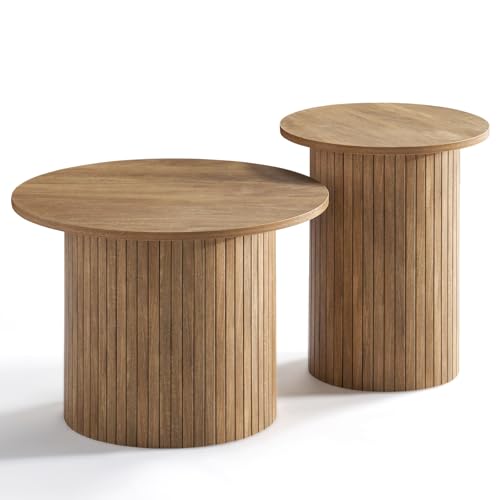Nesting Coffee Table Set of 2, Mid-Century Modern Round Wood Accent Tables