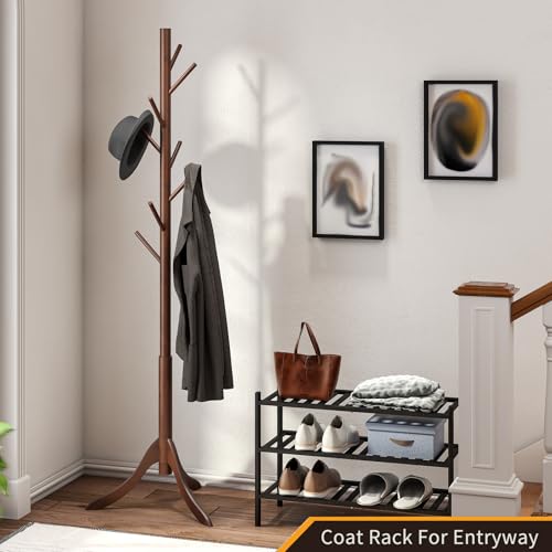 Adjustable Bamboo Freestanding Coat Rack with 8 Hooks for Entryway
