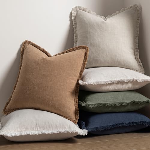 MIULEE 20x20 Inch Linen Fringe Decorative Throw Pillow Covers Set of 2 Natural Beige Farmhouse Style