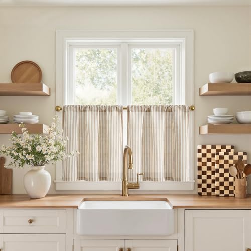Striped Linen Kitchen Tier Curtains - 20 Inch Light Filtering Panels