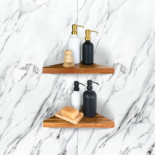 Wooden Corner Shower Shelf Set - Adhesive No-Drill Bathroom Storage