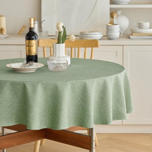 Faux Linen Round Tablecloth 60 Inch - Waterproof Sage Green Cover