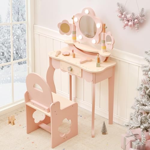 Kids Vanity Table and Chair Set with 3-Color LED Mirror and Accessories