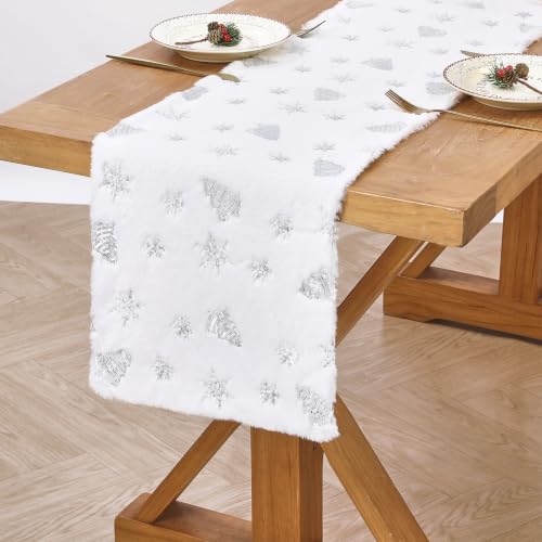 SoarDream Christmas Tree & Snowflake Silver Sequin Faux Fur Table Runner 13x72 Inches - White