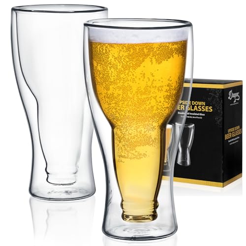 Double Wall Insulated Beer Glasses, 13.5 oz Upside Down Design - Set of 2