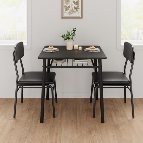 3-Piece Dining Table Set for 2 with Storage Rack and Upholstered Chairs