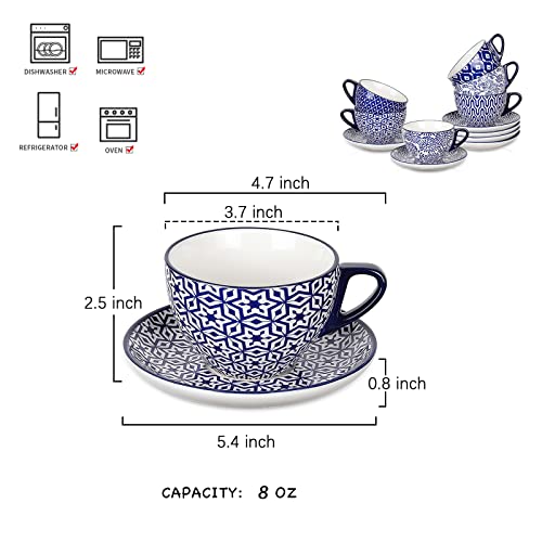 Vintage Blue 8oz Ceramic Cappuccino Cup Set with Saucers - Pack of 6