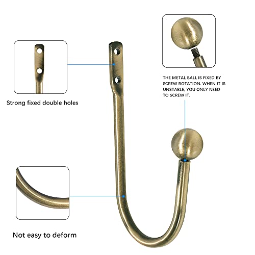 Heavy Duty Brass Metal Curtain Holdbacks, 2-Piece Wall Mounted Drapery Hooks
