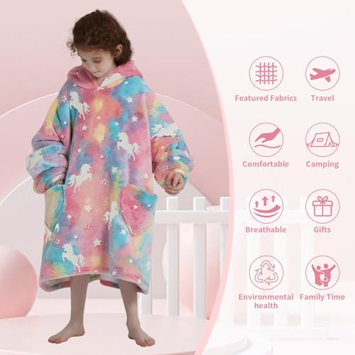 Glow in the Dark Unicorn Oversized Wearable Blanket Hoodie for Kids
