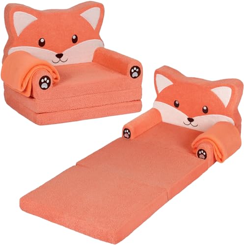 2-in-1 Foldable Toddler Couch with Blanket - Cute Fox Plush Sofa Chair