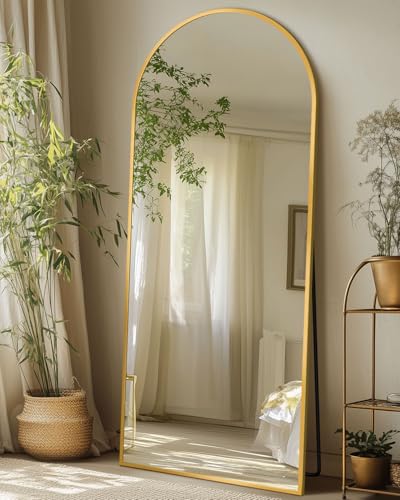 Arched Full Body Mirror with Stand - 58" x 19" Gold Aluminum Frame Floor Mirror