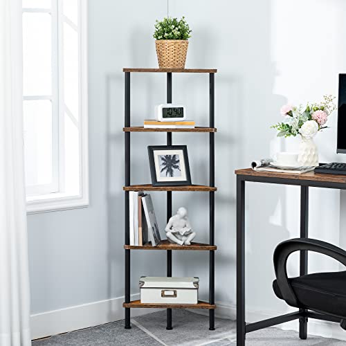5-Tier Industrial Corner Bookshelf, Rustic Brown Metal Storage Display Stand