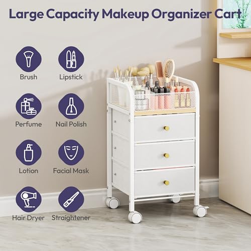 White 4-Tier Rolling Makeup Organizer Cart with 3 Drawers & 9 Compartments