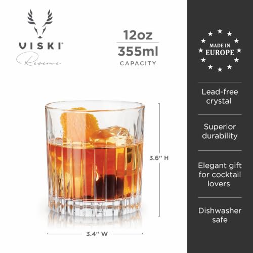 Viski Reserve Milo DOF Tumblers - 12 oz European Crystal Old Fashioned Glasses, Set of 4, Whiskey & Cocktail Barware