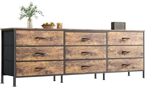 63-Inch Wide Dresser with 9 Fabric Drawers, Rustic TV Stand for Bedroom