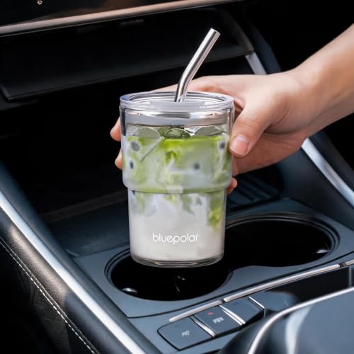 13oz Glass Iced Coffee Tumbler with Lid and Straw, Leak-Proof Travel Cup
