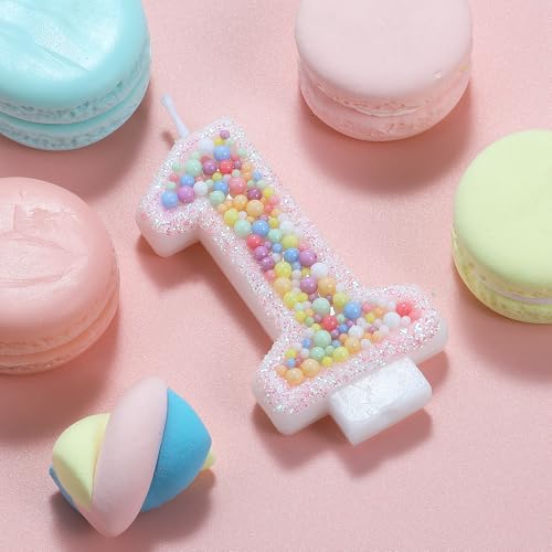 Pastel Pink Macaron Number 1 Birthday Candle with Holder - Cake Topper