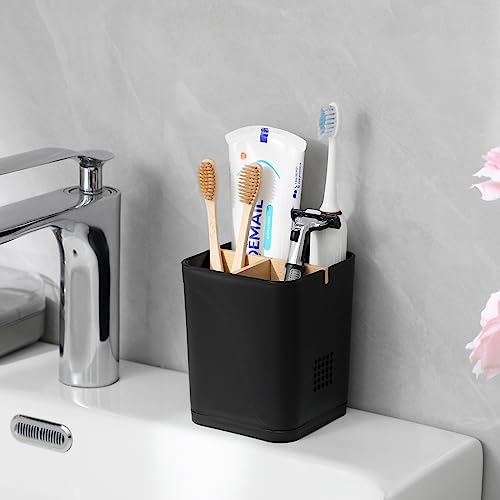 Electric Toothbrush and Toothpaste Organizer with Bamboo Divider, Black