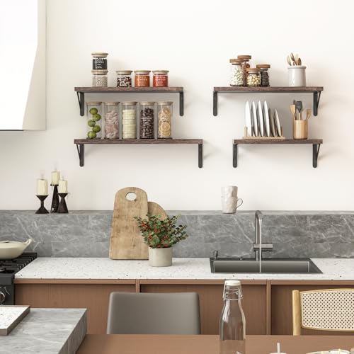 4-Piece Rustic Floating Wall Shelves, Carbonized Wood Storage Display Set
