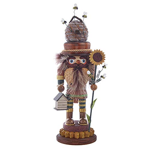 15-Inch Wooden Beekeeper Nutcracker Figurine with Beehive & Sunflowers