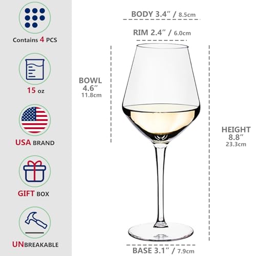 Unbreakable Tritan Wine Glasses, 15oz Stemmed Set of 4, Dishwasher Safe