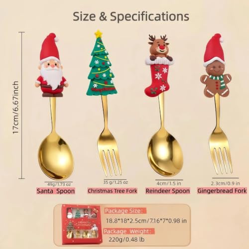 Christmas Gold Flatware Set 2 Pieces - Santa Spoon & Tree Fork with Silicone Handles