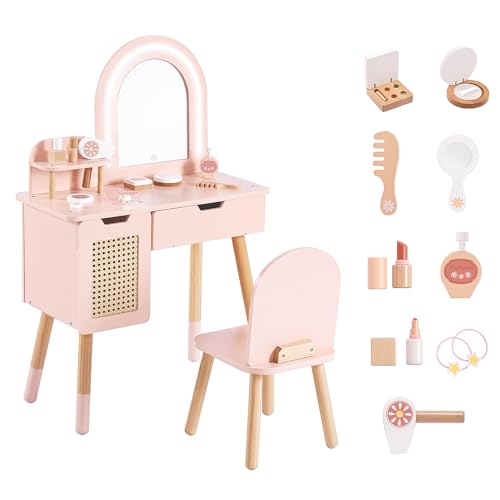 Kids Vanity Set with Lighted Mirror, Pink Toddler Makeup Table and Chair