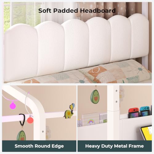 Full Size Kids House Bed with Desk and 4 Storage Drawers, White Metal Frame