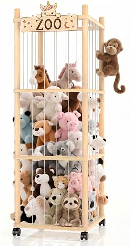 56-Inch Wooden Stuffed Animal Storage Zoo Tower - Mobile Toy Organizer