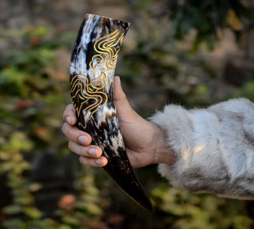Handcrafted Viking Drinking Horn with Leather Holster and Stand - 12-14oz